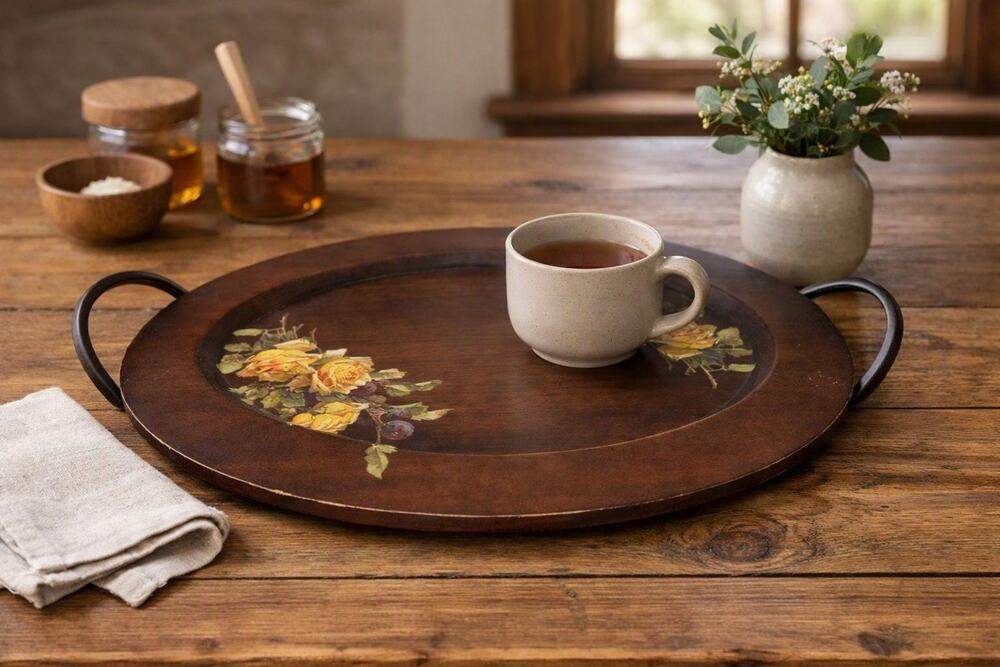 Vintage Wooden Serving Tray Floral Rose Art Farmhouse Rustic Cottage Home Decor